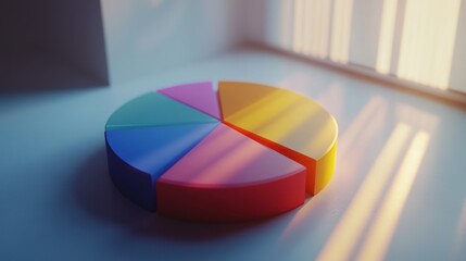 Fototapeta premium Colorful pie chart on a table with sunlight streaming through the window, creating shadows