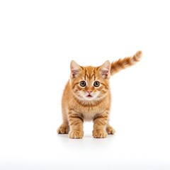 A cat crouches low, looking ahead with slight fear. Minimalist background.