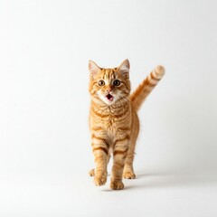 Obraz premium A cat looks ahead in surprise. Minimalist background.