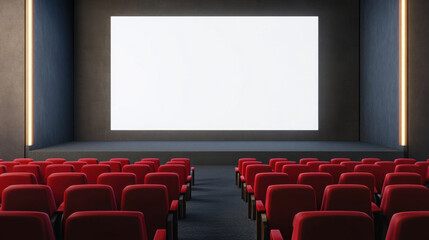 modern cinema interior featuring empty red seats and large blank screen, creating inviting atmosphere for moviegoers