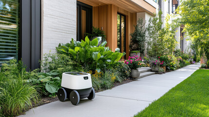 robot delivering package to doorstep in modern garden setting