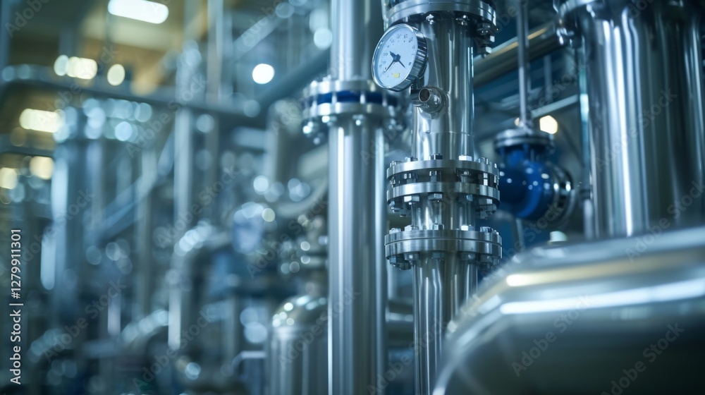 Poster Close up view of metal pipes and a pressure gauge in a manufacturing facility, highlighting the complexity and precision of industrial engineering and technology in operation