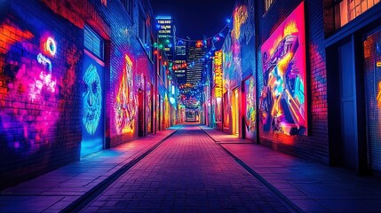 A vibrant neon-lit alley with futuristic street art