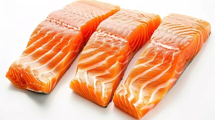 Fresh and appetizing raw salmon steaks presented isolated on a clean white background with full depth of field. The high - quality and visually appealing raw salmon pieces are perfect for food 