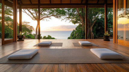 Fototapeta premium serene yoga space with mats overlooking beautiful sunrise by ocean