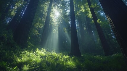 Obraz premium Sunbeams Filtering Through Redwood Forest