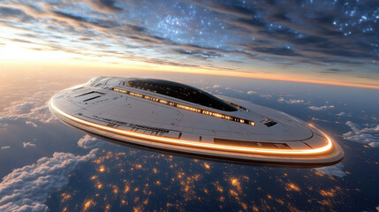 Obraz premium sleek spaceship floating above glowing planet, showcasing advanced technology and beauty
