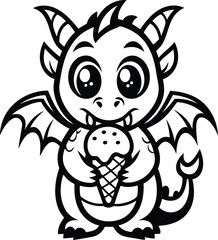 A cute Baby dragon eating a ice cream silhouette and line art vector illustration design, Baby dragon eating a ice cream vector icon