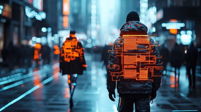 A lone figure navigates the neon lit rain slick streets of a futuristic urban metropolis their backpack and umbrella suggesting the daily grind of city life  This moody - Powered by Adobe