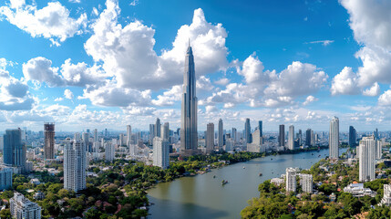 Fototapeta premium stunning aerial view of historic city with modern skyscrapers and river