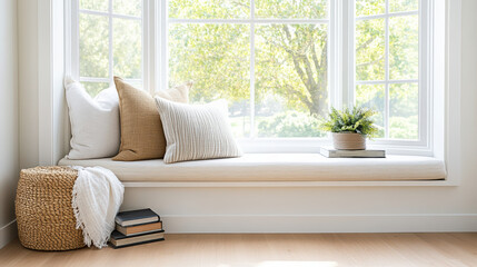 cozy sunlit window seat with pillows, soft throw, and plant