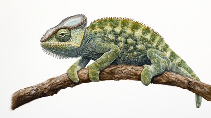 Obraz premium Green Chameleon On Brown Branch Close Up Detailed Illustration