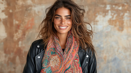Fototapeta premium stylish woman wearing colorful embroidered shawl and leather jacket