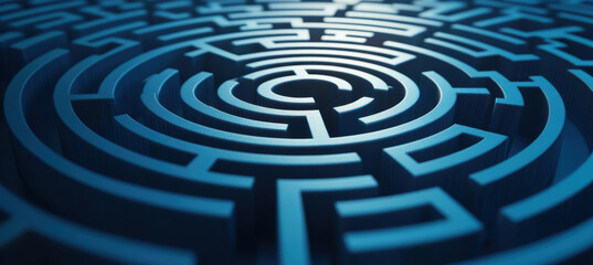 close up view of complex maze design, featuring intricate pathways and three dimensional appearance. blue tones create sense of depth and mystery, inviting exploration