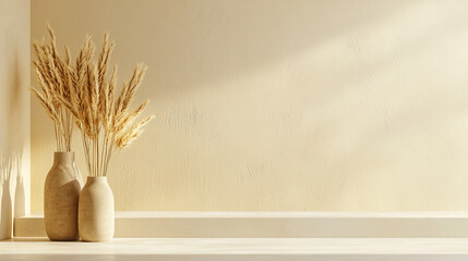 Minimalist interior with vases and dried plants against textured wall
