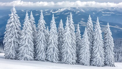 Fototapeta premium Snowy fir trees mountain backdrop