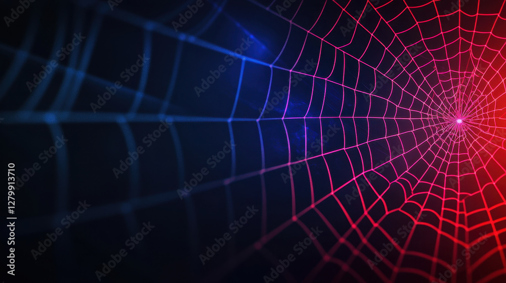 Wall mural vibrant spider web design with gradient of blue and red colors, creating striking visual effect. int