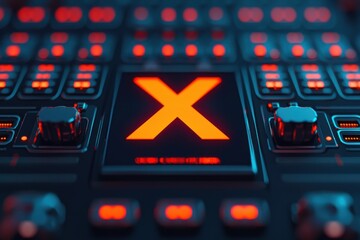A high tech holographic X mark icon projected on a futuristic digital interface with red and blue neon lighting creating a sleek and modern sci fi inspired design