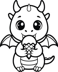 A cute Baby dragon eating a ice cream silhouette and line art vector illustration design, Baby dragon eating a ice cream vector icon