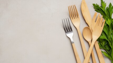 Various Wooden Kitchen Utensils and Fresh Green Parsley on Table