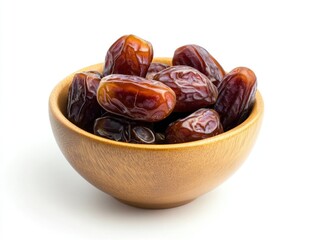 A wooden bowl filled with fresh dates isolated on white.