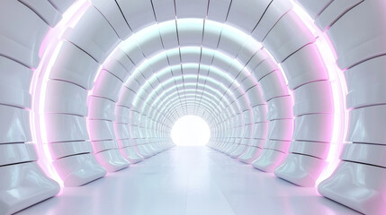 Unique abstract white tunnel with glowing lights creating futuristic atmosphere. bright end of tunnel evokes sense of wonder and exploration