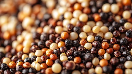 Close up view of different quinoa grains on a surface