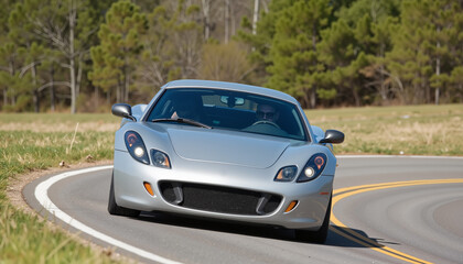 Fototapeta premium Dynamic silver sports car navigating winding road through greenery, thrill