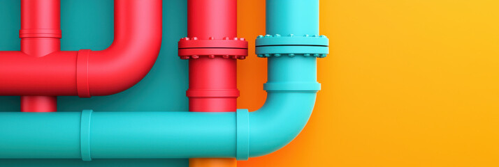 Colorful pipes in red and turquoise against bright yellow background create vibrant industrial aesthetic. arrangement showcases modern design elements and playful color contrasts