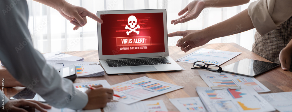 Poster Virus warning alert on computer screen detected brisk cyber threat , hacker, computer virus and malware