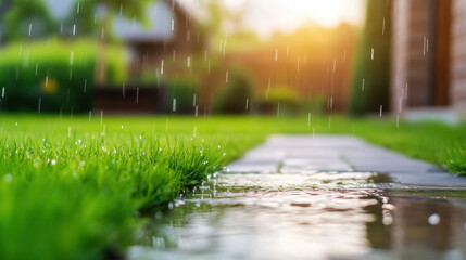 Fototapeta premium Lush green grass glistens with raindrops as water collects on stone pathway, creating serene atmosphere in backyard during gentle rain shower
