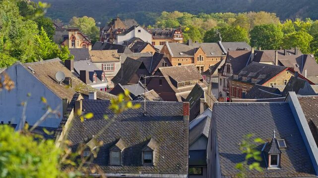 Charming aerial view of rooftops from a small medieval village on the Rhine River Valley, Bacharach, Germany 