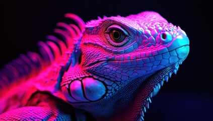 Fototapeta premium Neon Iguana: A vibrant portrait of a Green Iguana bathed in neon pink and blue light.