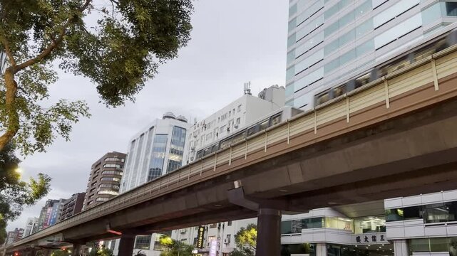 Standing under the Taipei MRT station in Taiwan and watching the Skytrain train passing by