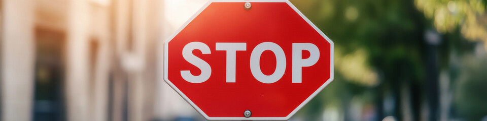 bright red stop sign with word STOP prominently displayed, surrounded by greenery and urban scenery, conveys sense of urgency and safety