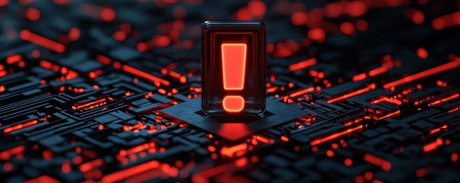 A futuristic glowing holographic exclamation mark floating dramatically on a dark digital circuit board background  The vibrant red symbol is a bold attention grabbing indicator of importance warning