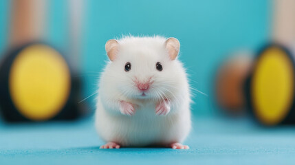 cute white hamster standing on blue surface, surrounded by gym equipment, showcasing its playful and energetic nature