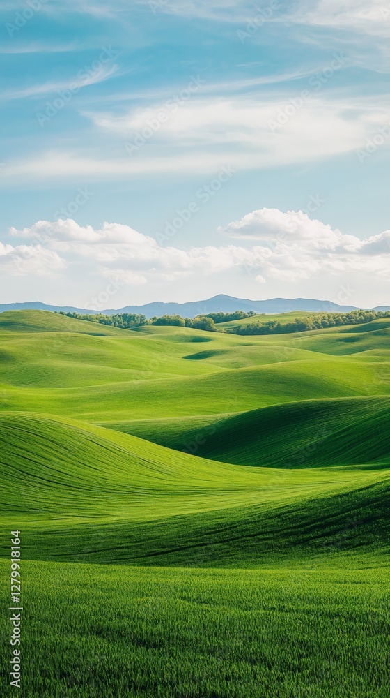Poster Lush green fields create a mesmerizing pattern of rolling hills leading to mountains under a sky filled with fluffy clouds, forming a tranquil and picturesque landscape