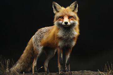Fototapeta premium Fox standing on a black background. Animal front portrait.