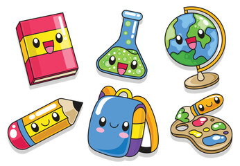 Set of cute kawaii back to school vector illustration