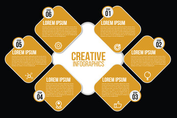 Infographics 6 Yellow options or steps circle elements chart black template.Abstract of graph, parts or processes.Vector business for presentation.Creative concept for data.