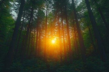 Obraz premium Forest in the morning in a fog in the sun, trees in a haze of light, glowing fog among the trees