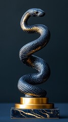Fototapeta premium Black gold snake statue, dark background, decor