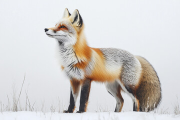Fototapeta premium Fox standing in a natural landscape. Animal side portrait.
