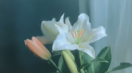 Fototapeta premium Delicate White Lily Flower in Bloom Surrounded by Lush Greenery in Serene Natural Garden Setting Peaceful Floral Arrangement Background