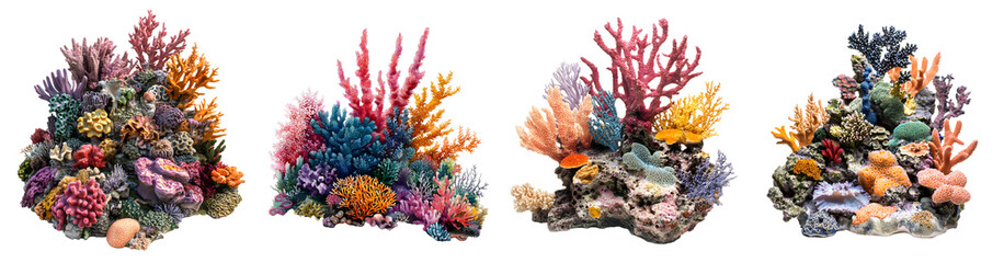 Colorful Coral Reef Underwater Scene &ndash; Marine Life, Ocean Ecosystem, Tropical Aquarium isolated on a transparent PNG background, white background, cut out