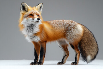 Obraz premium Fox standing on a gray background. Animal side portrait.