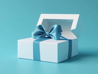 Elegant blue gift box with ribbon on a turquoise background, ideal for special occasions, parties, or promotional events, showcasing festive creativity and joy
