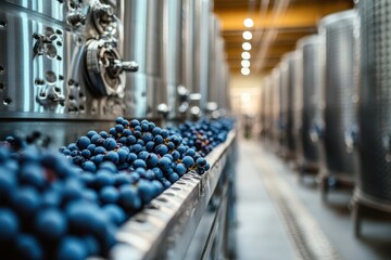 Obraz premium Freshly harvested grapes on a conveyor belt in a winery. Image depicts winemaking process, showcasing grapes ready for fermentation.