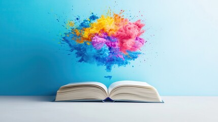 Minimalist 3D Rendering of an Open Book with Colorful Abstract Cloud Above on Blue Background